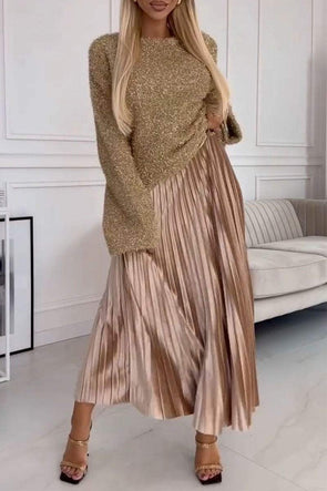 Women's Round Neck Open Back Sweater and Skirt Set