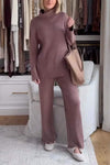 Women's casual solid color turtleneck sweater pants suit