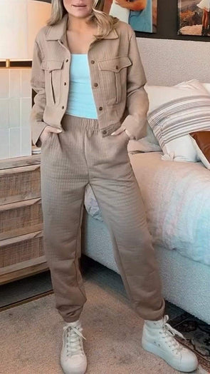 Women's Lapel Long-sleeved Waffle Casual Suit