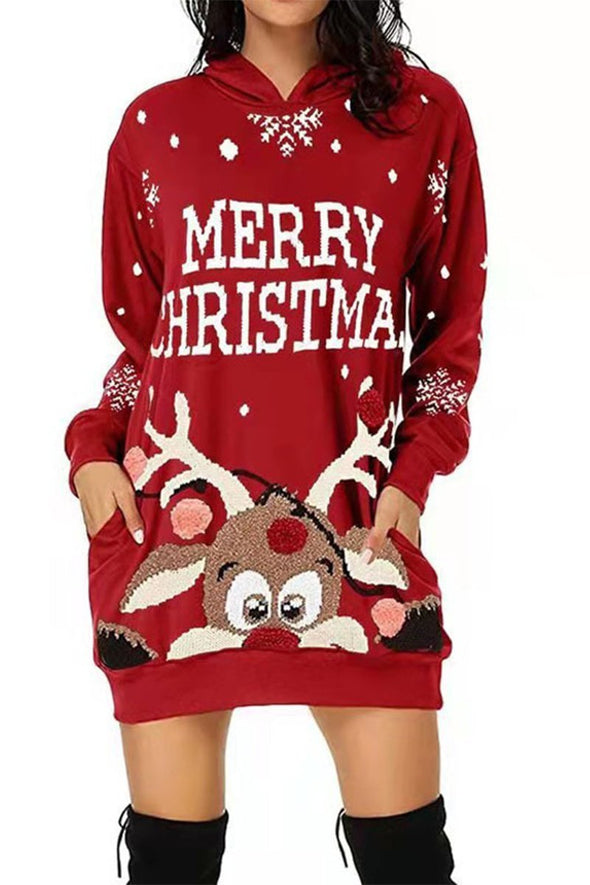 Women's Casual Christmas Printed Long Sleeve Hooded Dress