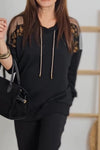 Women's Casual Shoulder Web Lace Spliced Hooded Sweatshirt Two Piece Set