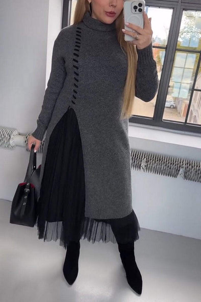 Women's Casual High Collar Mesh Stitching Dress