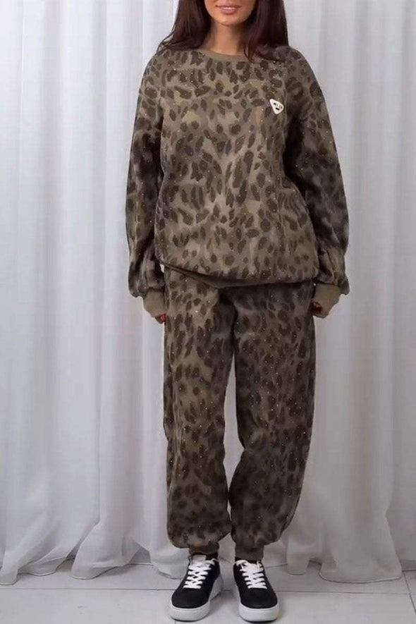 Women's Round Neck Long Sleeve Leopard Print Sweatshirt Two Piece Suit