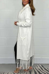 Women's Cream Long Tassel Bottom Collared Cardigan