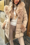 Women's Casual Fur Sleeves Waist Drawstring Hooded Short Cotton Coat