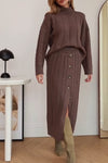 Women's solid color turtleneck textured sweater skirt suit