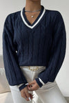 Women's Casual Contrast Textured V-Neck Sweater