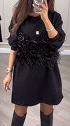 Women's Round Neck Long Sleeve Sequined Fur Stripe Fake Two Piece Party Dress