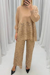 Women's Round Neck Long Sleeve Lace Spliced Sweater Two Piece Set