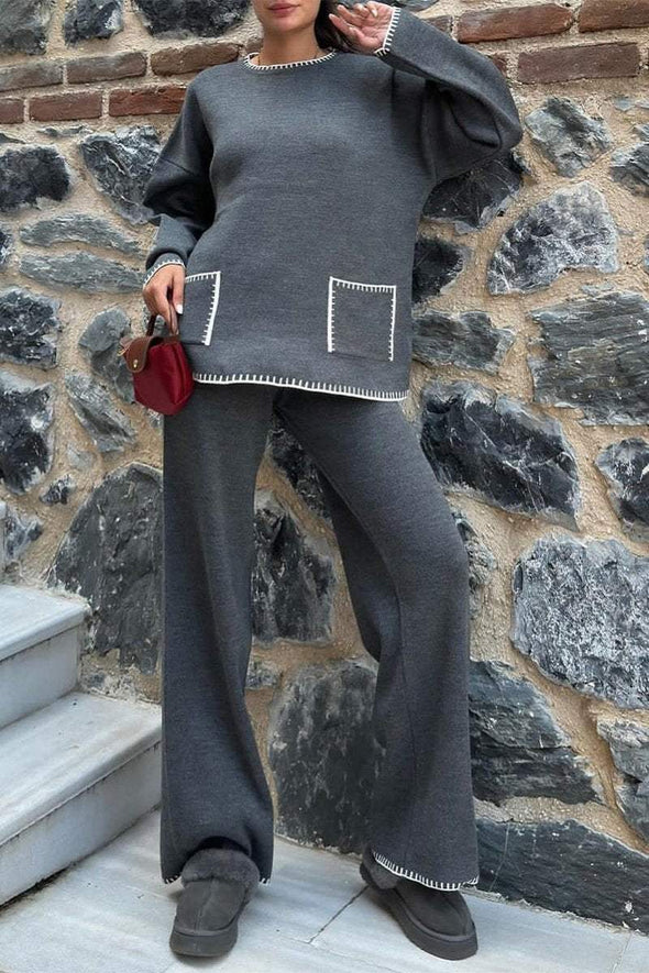 Women's Casual Round-neck Knitted Long-sleeved Two-piece Suit