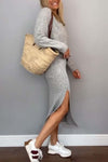 Women's casual solid color knitted crew neck sweater suit