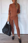 Women's Casual Solid Color Stand Collar Sweatshirt and Pants Set