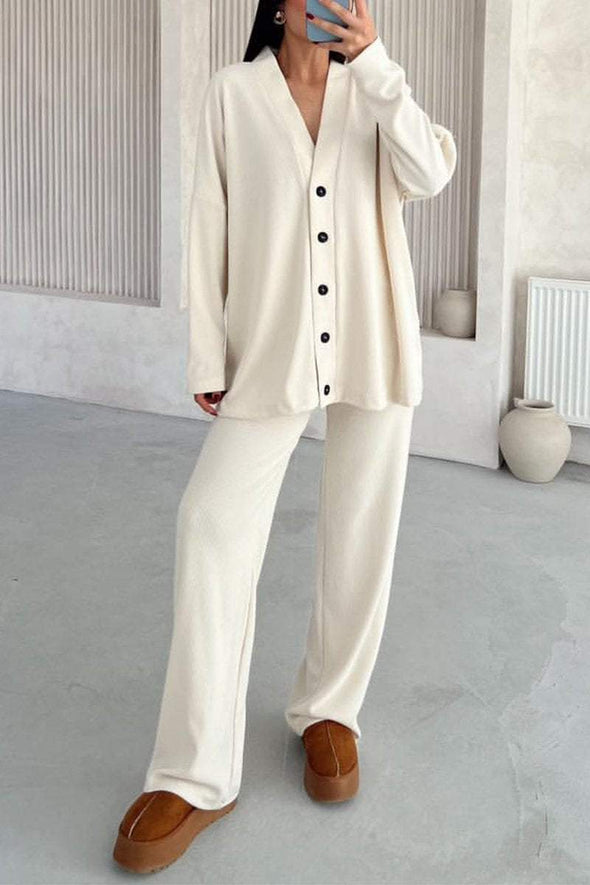 Women's Casual V-neck Single-breasted Solid Color Two-piece Suit