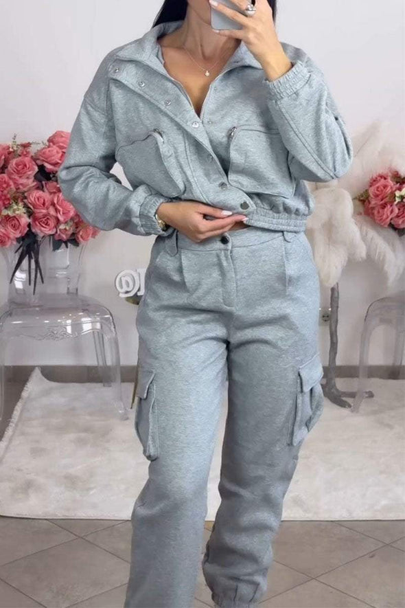 Women's Lapel Long Sleeve Jacket Two Piece Set