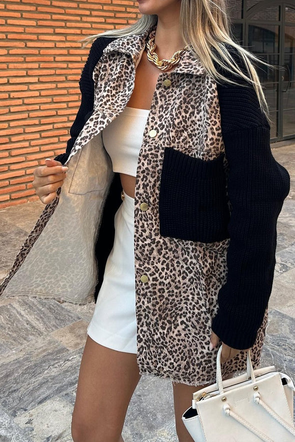 Women's Casual Leopard Print Knitted Patchwork Jacket