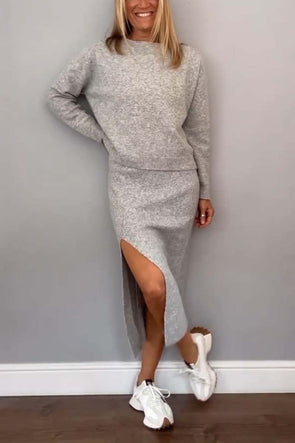 Women's casual solid color knitted crew neck sweater suit