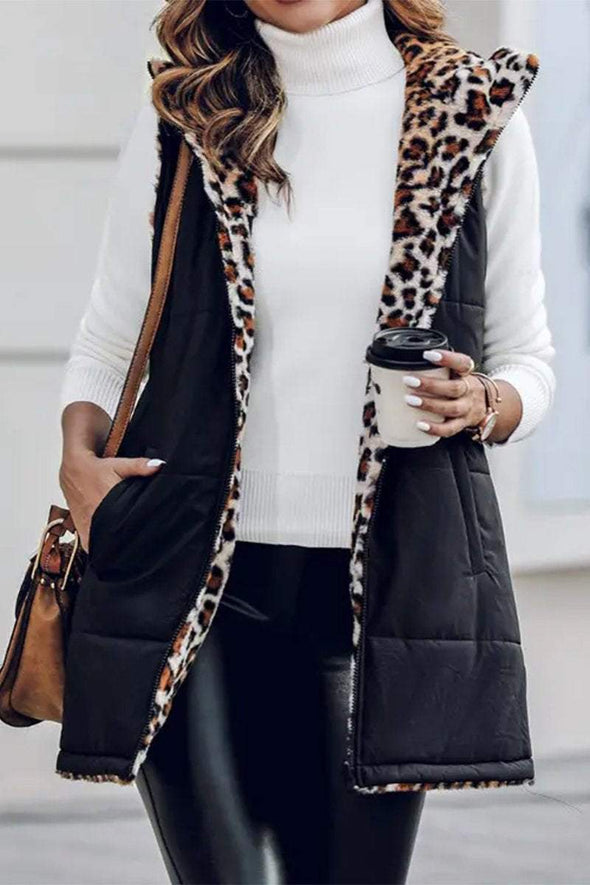 Women's Casual Hooded Leopard Print Sleeveless Cotton Jacket