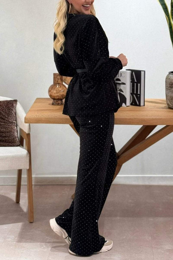 Women's Casual Round Neck Suede Shiny Two-piece Suit