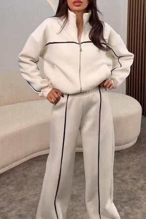 Women's simple casual stripe zipper sweatshirt set