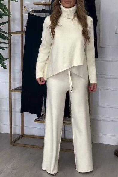 Women's Solid Color Turtleneck Sweater and Trousers Two-piece Set