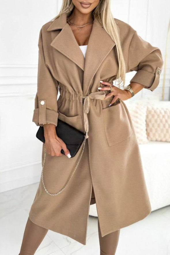 Women's Solid Color Large Lapel Waist Long Coat