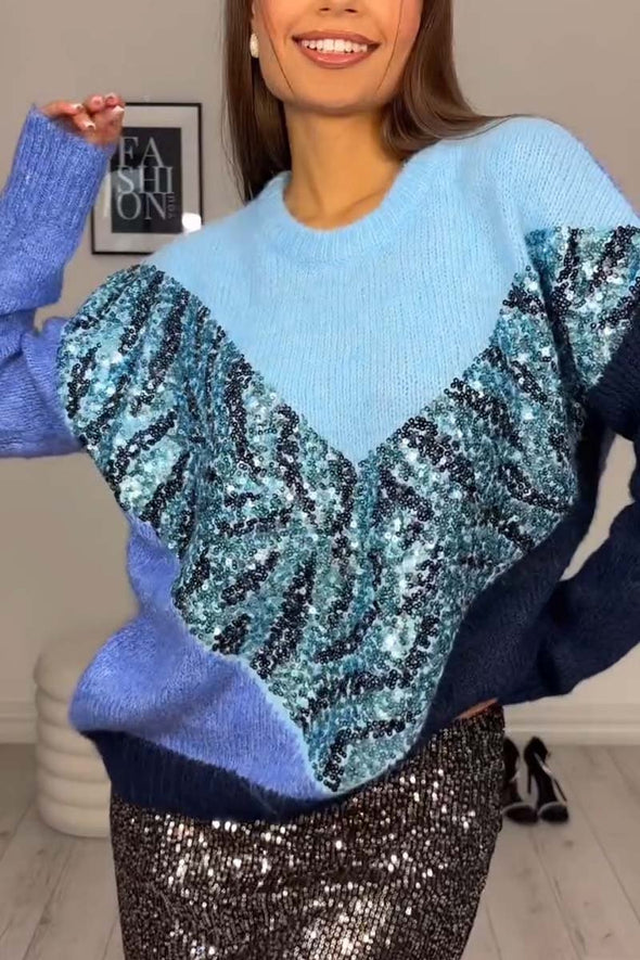 Women's Casual Contrast Color Sequined Sweater