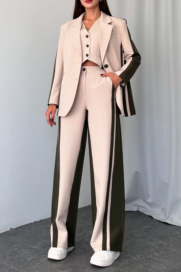 Women's Casual Commuting Contrast Color Spliced Suit Three Piece Suit