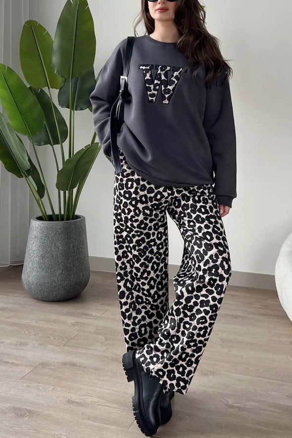 Women's Casual Leopard Print Letter Top and Leopard Print Pants Set