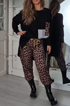 Women's Round Neck Long Sleeve Leopard Print Sweatshirt Two Piece Set