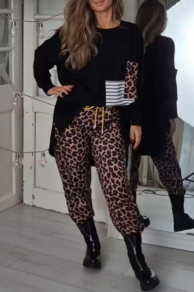 Women's Round Neck Long Sleeve Leopard Print Sweatshirt Two Piece Set