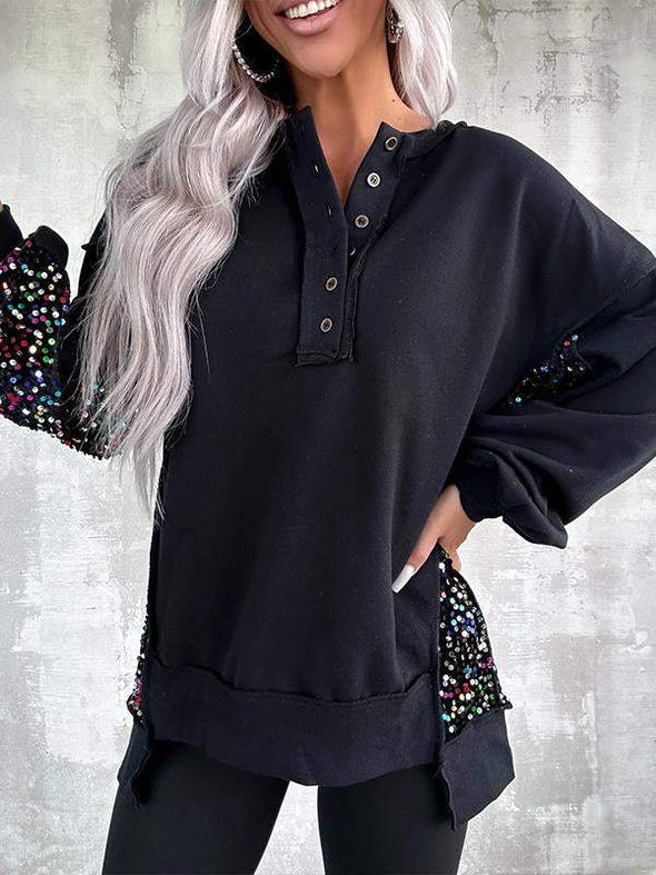 Women's V-neck Half-button Sequined Design Casual Top