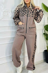 Women's leopard print brown patchwork sweatshirt hooded jacket set