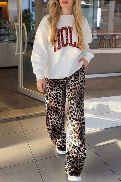 Women's Leopard Print Round Neck Long Sleeve Pullover Sweatshirt Two Piece Set