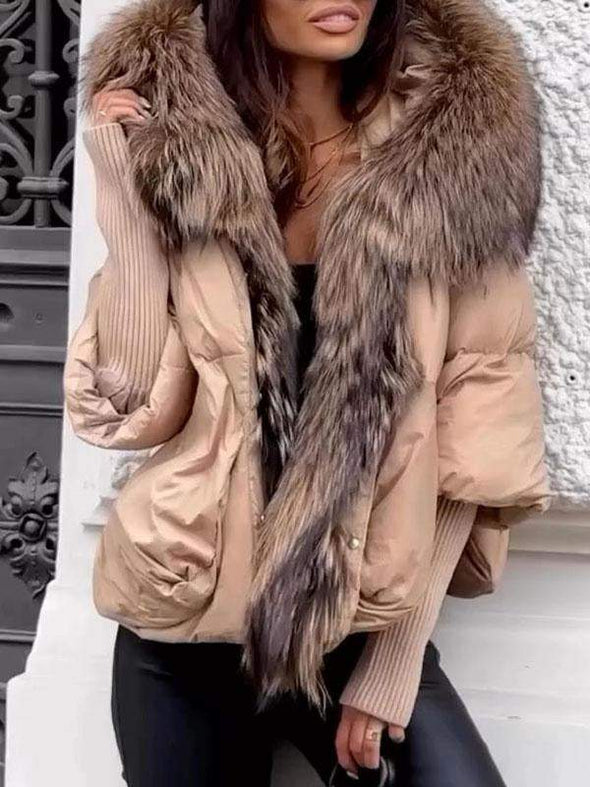 Women's Fur Collar Hooded Patchwork Coat