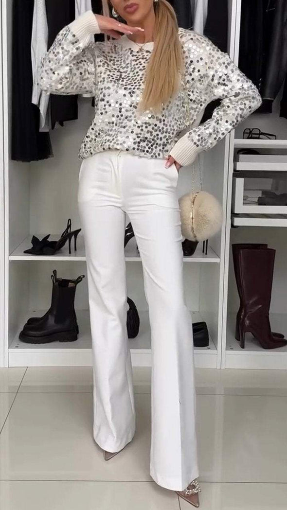 Women's Round Neck Sequined Sweater + Trousers Casual Suit