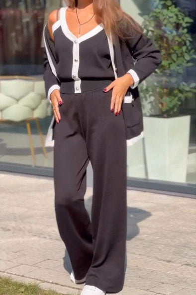 Women's Casual V-neck Single-breasted Long-sleeved Three-piece Suit