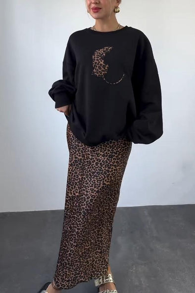 Women's casual leopard print sweatshirt and skirt suit