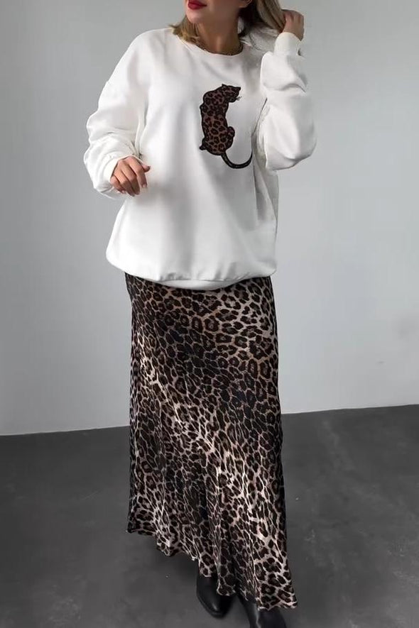 Women's casual leopard print sweatshirt and skirt suit